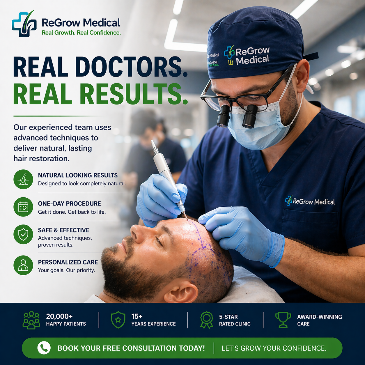 ReGrow Medical doctor performing FUE hair transplant