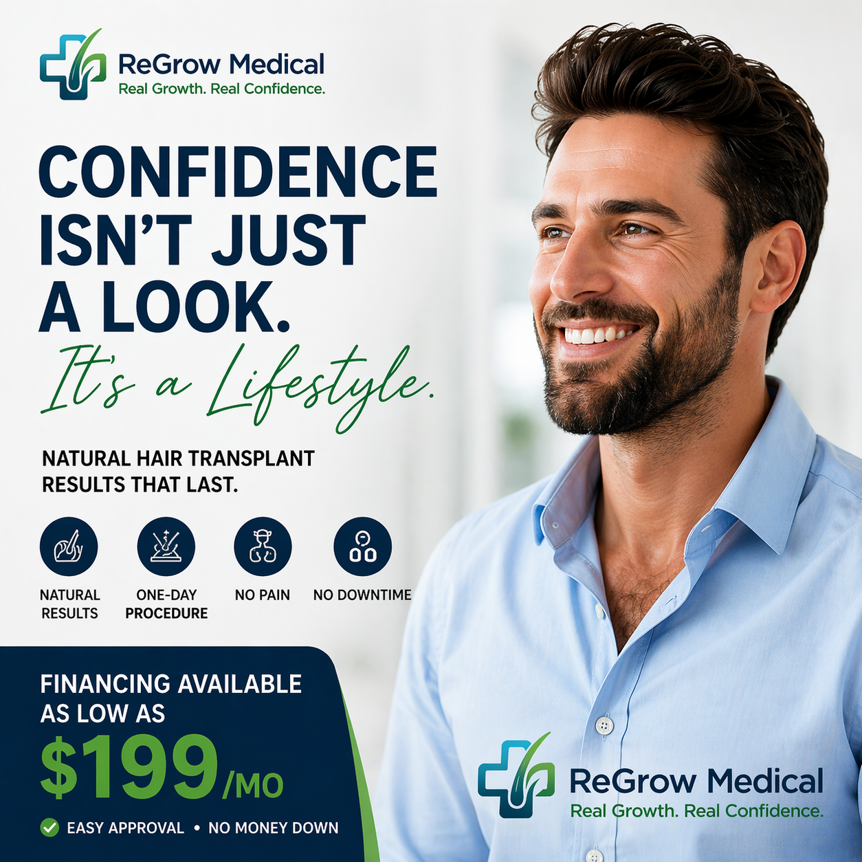 Confident man after hair transplant at ReGrow Medical
